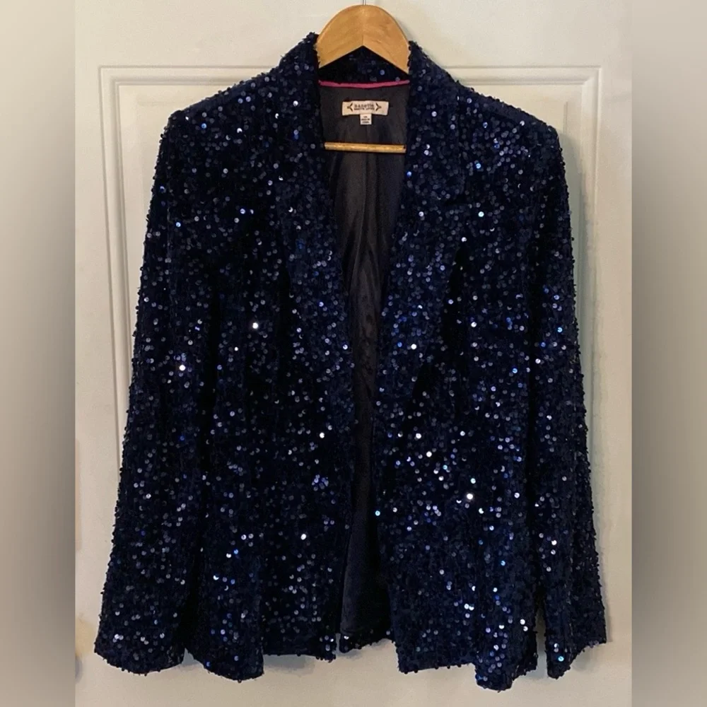 Nanette Lepore Girls’ Night Out Sapphire Blue Velvet Sequin Blazer Jacket - Picture 12 of 16